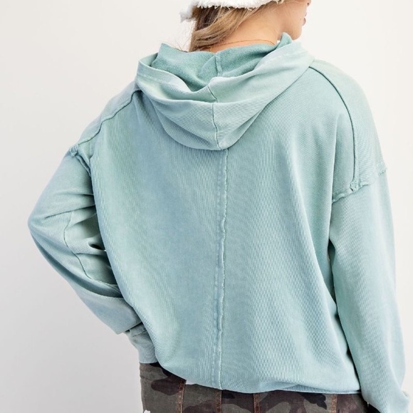 NEW EASEL CLOTHING WASHED TERRY KNIT PULLOVER PEACE HOODIE SEAFOAM SWEATSHIRT - Picture 5 of 10